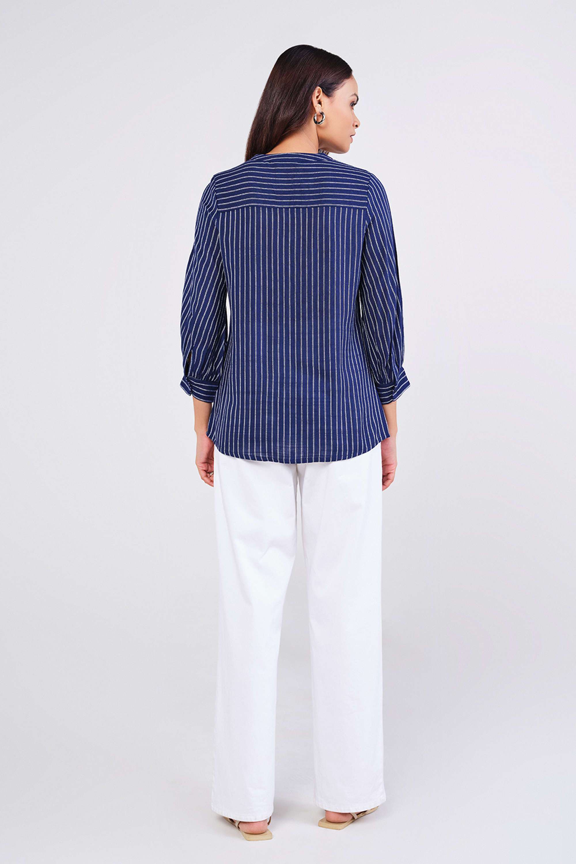 Stripes-Collared-Polyester-Women-Formal-Wear-Shirt