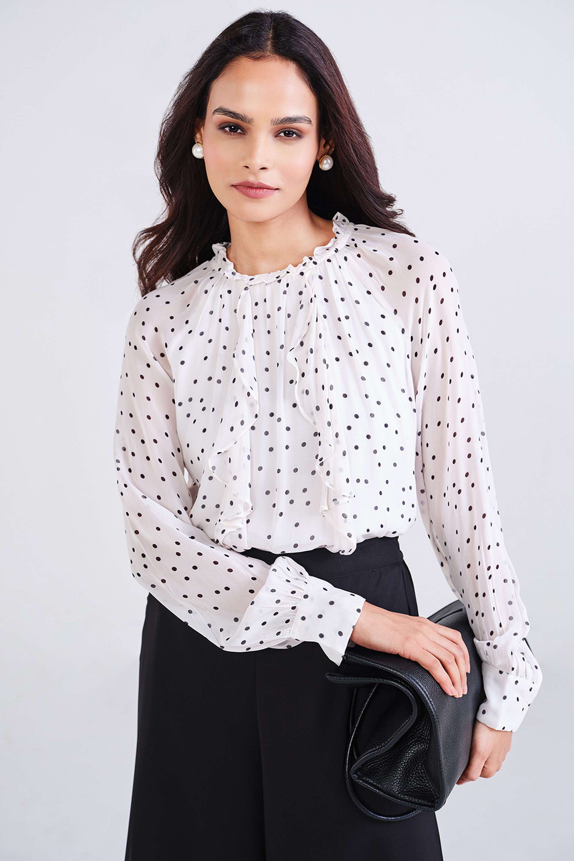 Polka-Dots-Polyester-Round-Neck-Women-s-Top