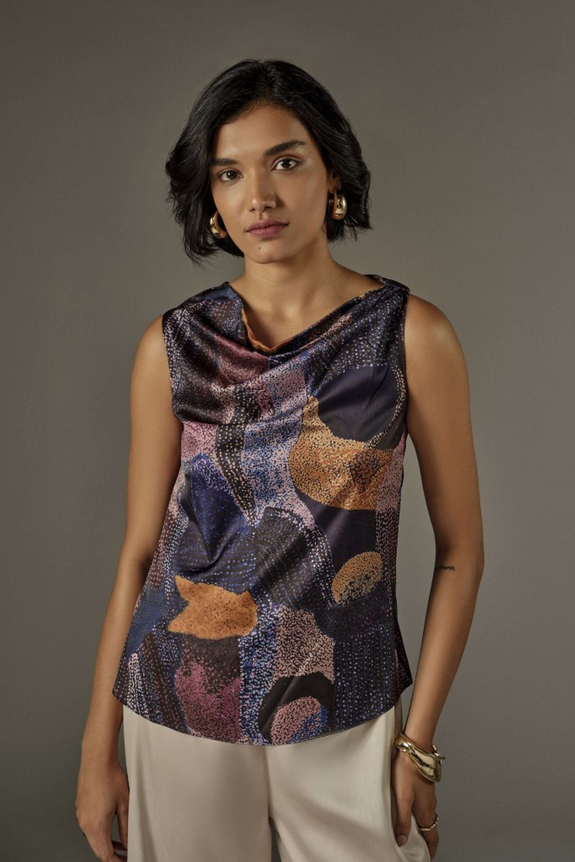 and Solid Polyester Cowl Neck Women's Top-picture-26