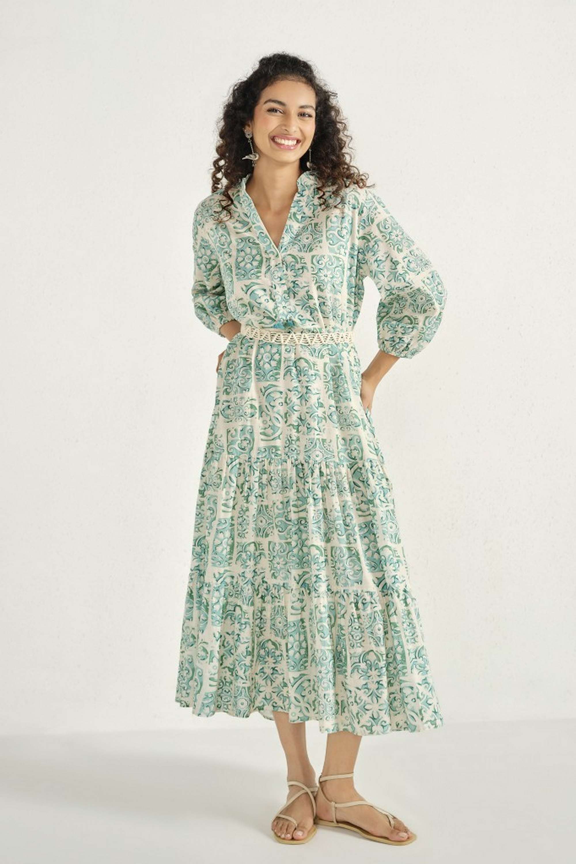 global desi Solid Cotton V-Neck Women's Midi Dress-picture-19