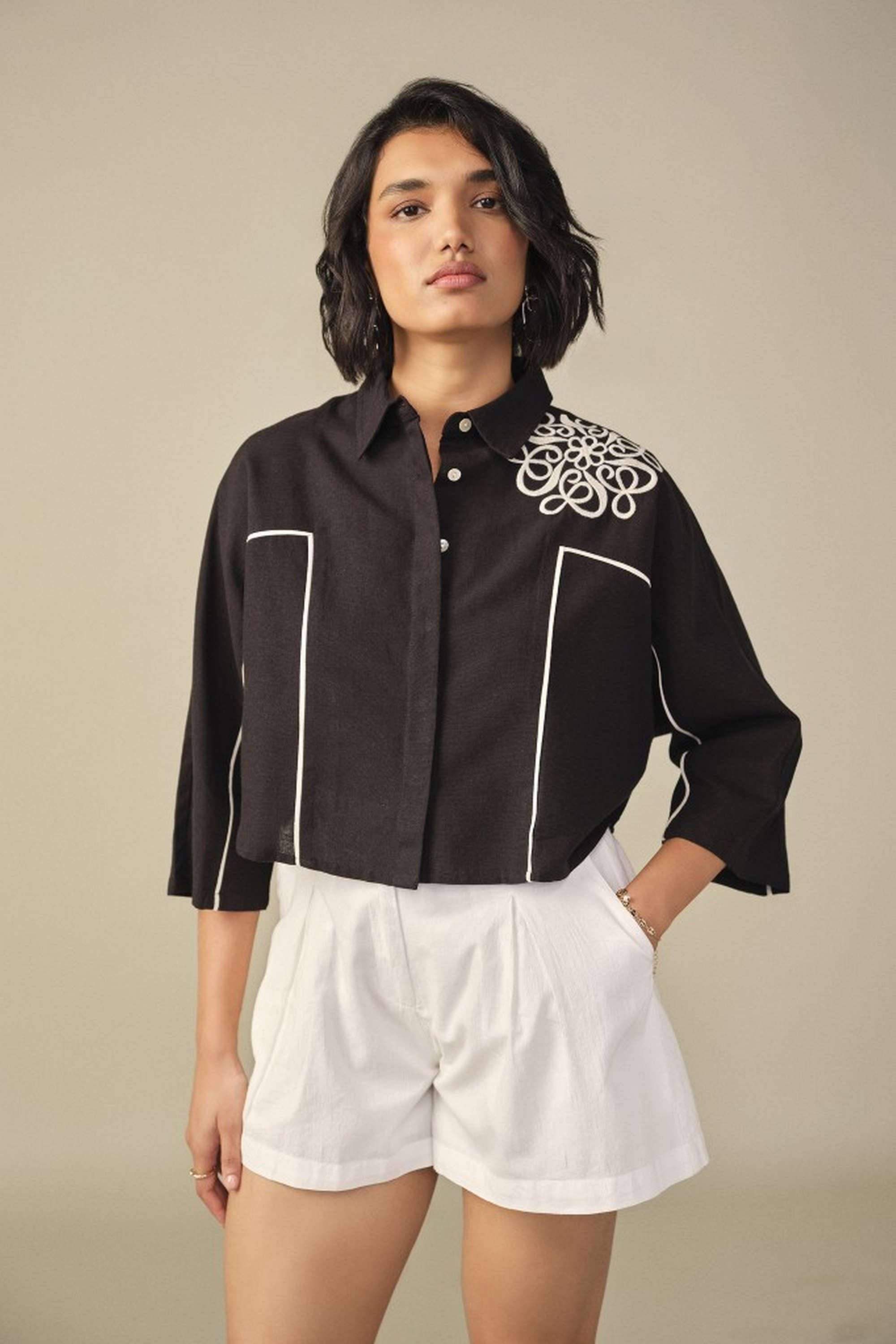 and Solid Blended Fabric Collared Women's Top-picture-20