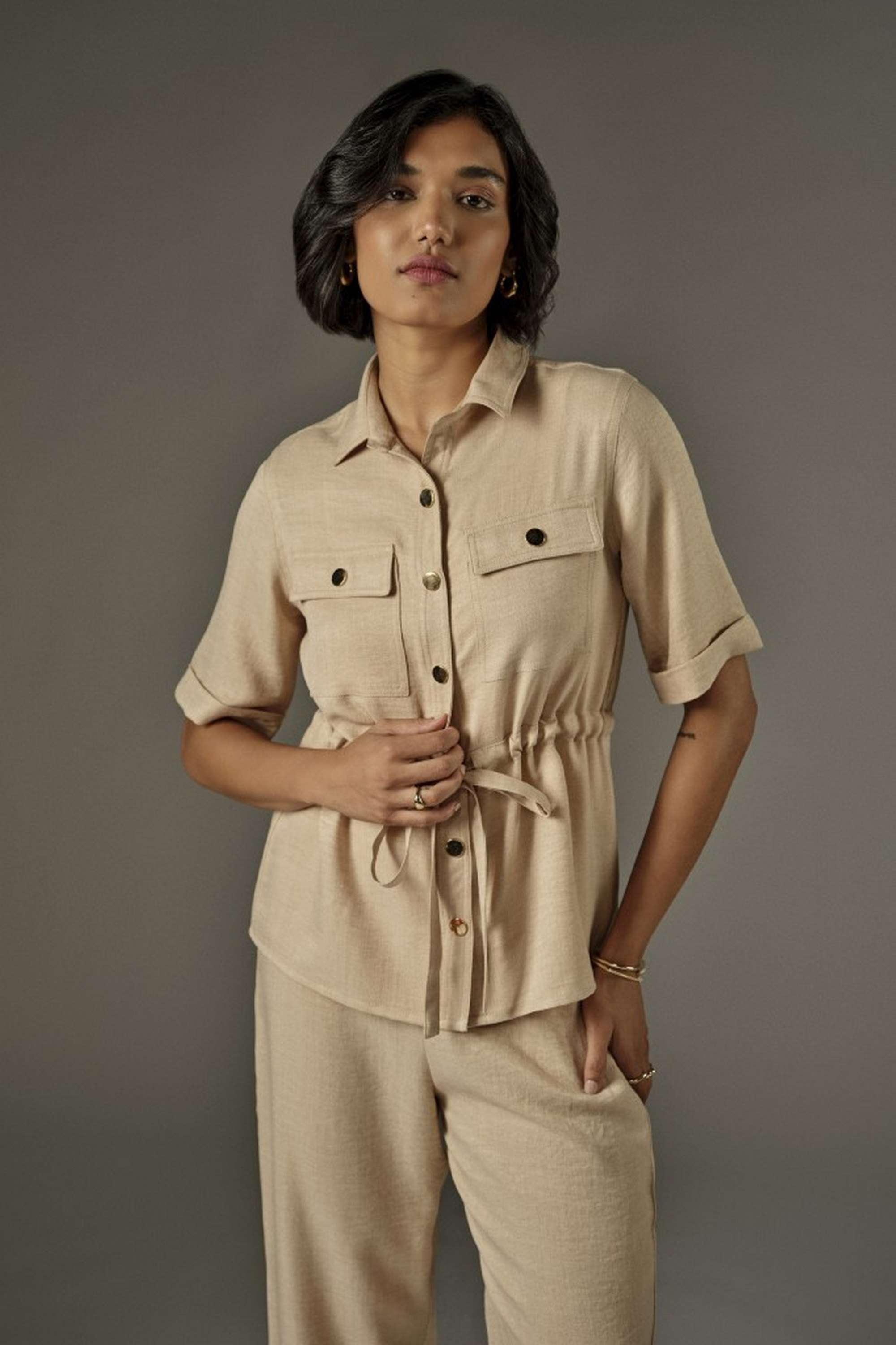 and Solid Polyester Collared Women's Top-picture-14