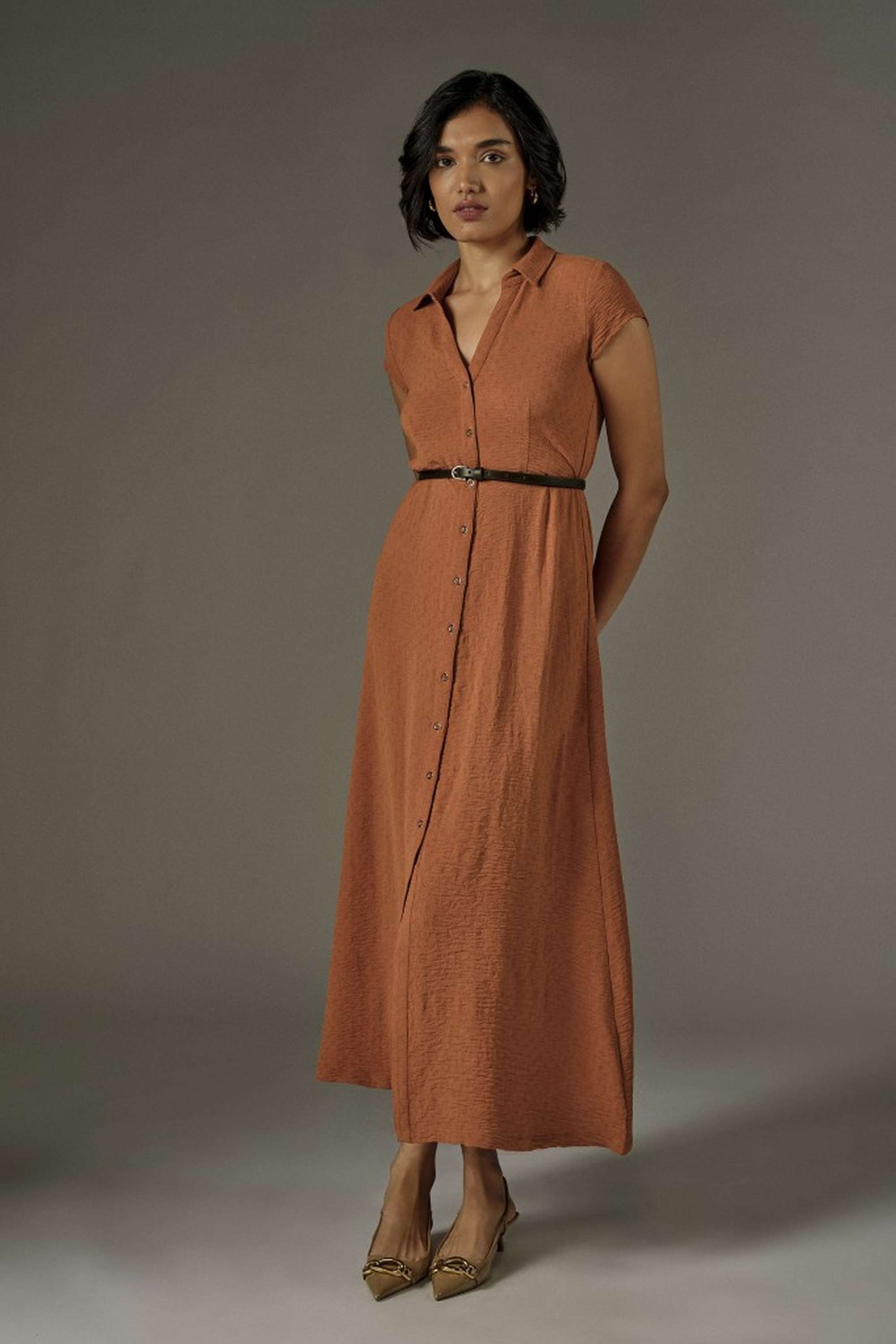 and Solid Polyester V-Neck Women's Midi Dress-picture-10