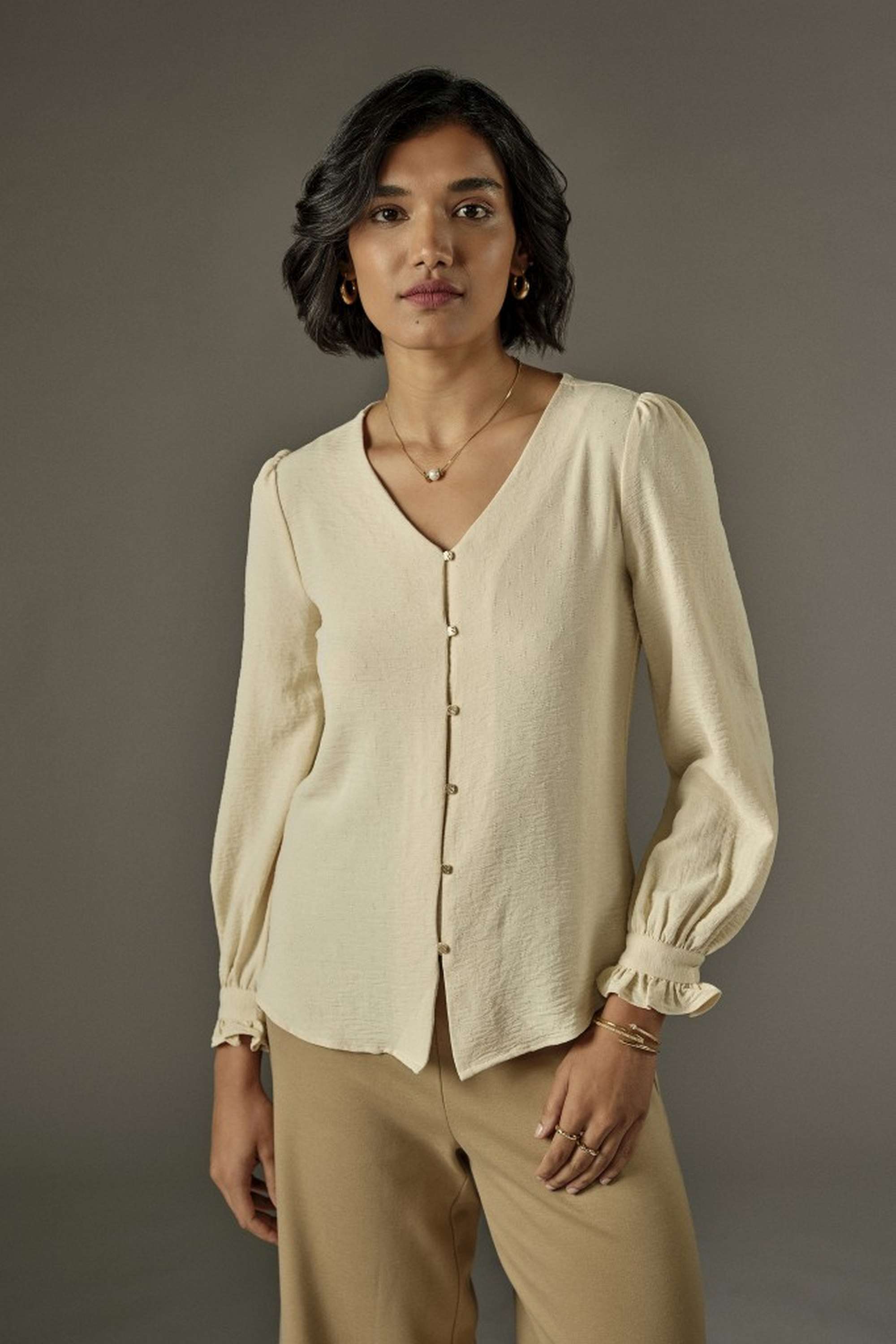 and Solid Polyester V-Neck Women's Top-picture-23