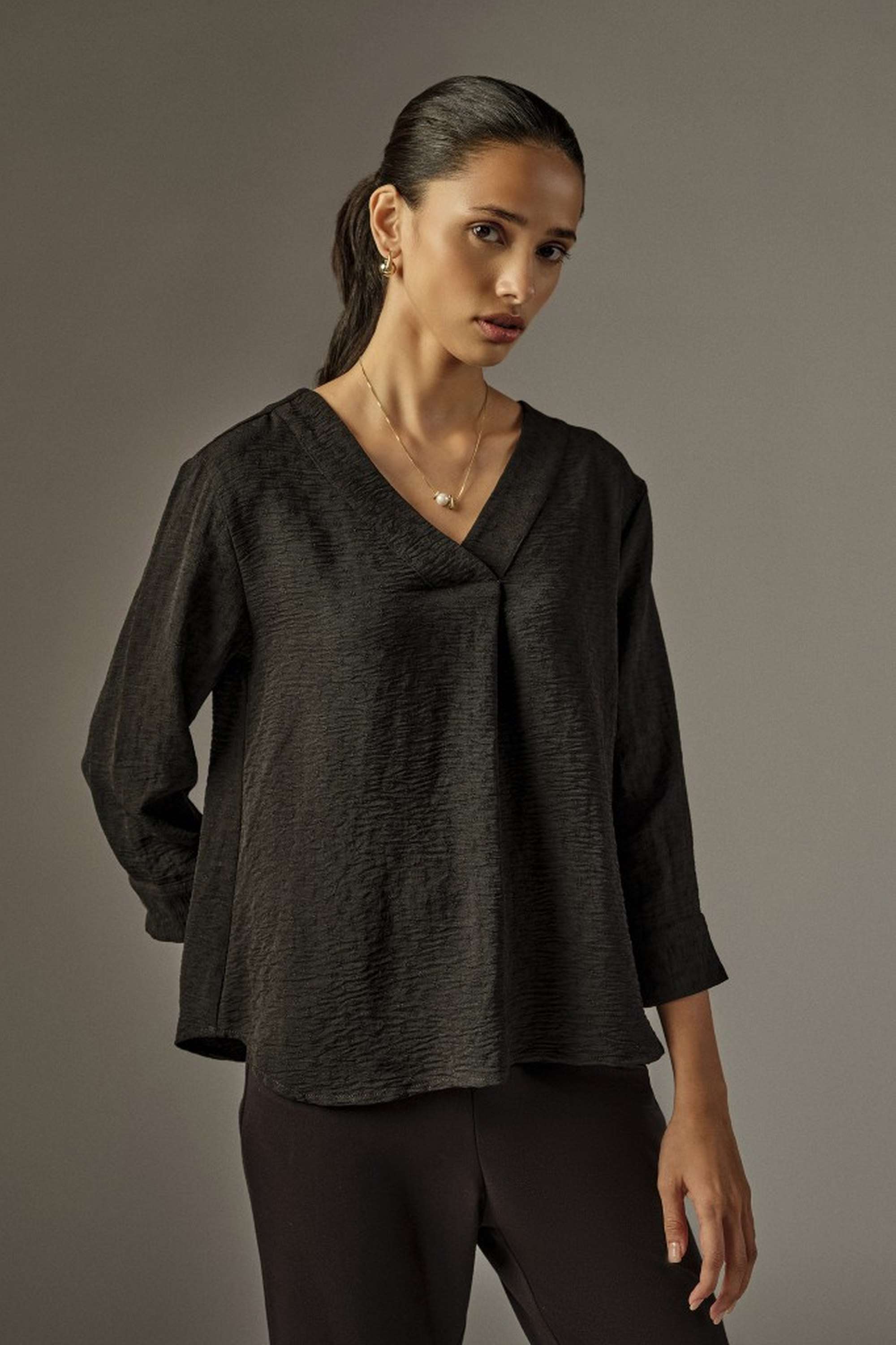 and Solid Polyester V-Neck Women's Top-picture-36