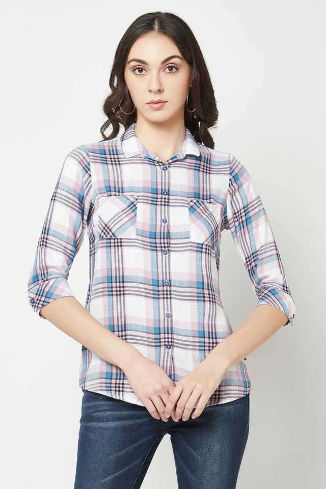 crimsoune club Checks Collared Lyocell Women Casual Wear Shirt-picture-11