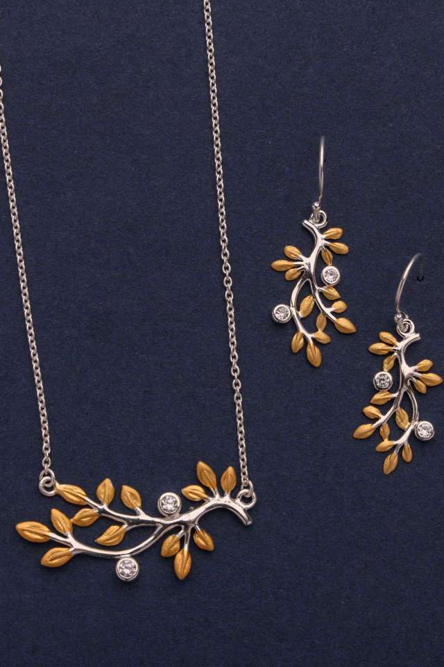 Twig-Leaf-Gold-And-Silver-Necklace-Set