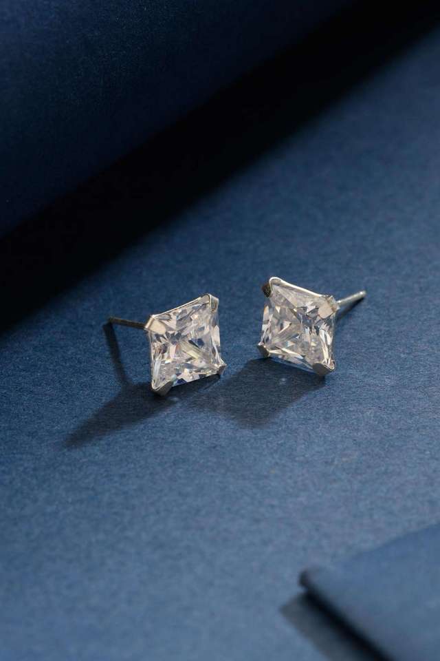Classic-Princess-Cut-Cz-Solitaire-Silver-Studs