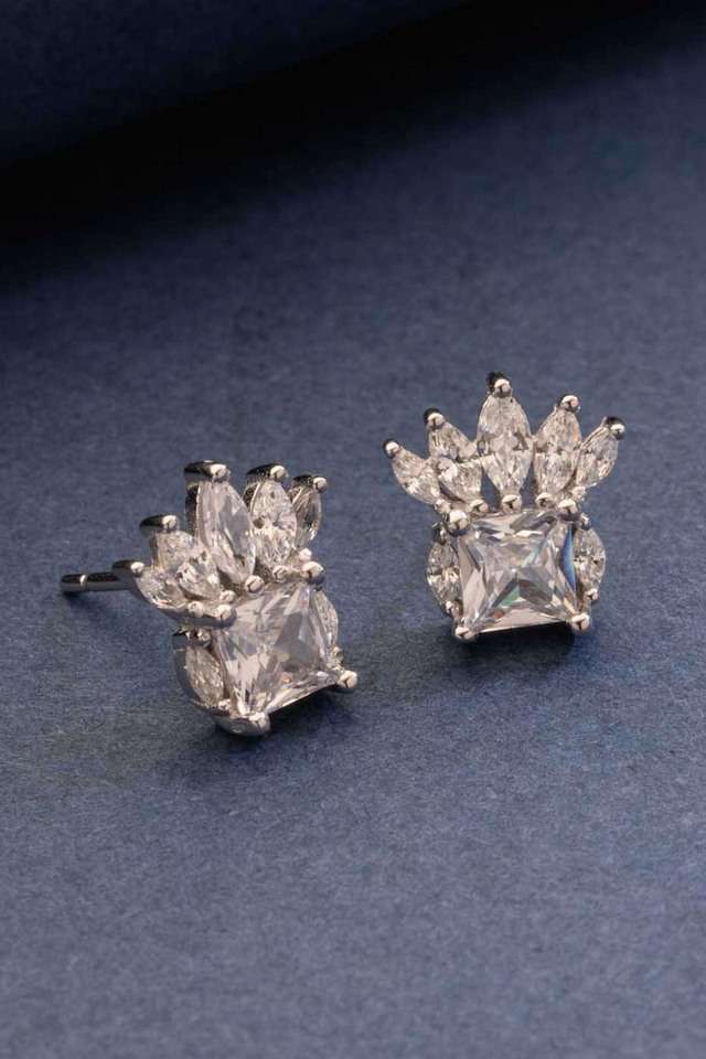 Rhodium-Plated-Cubic-Zirconia-/-American-Stud-Earrings