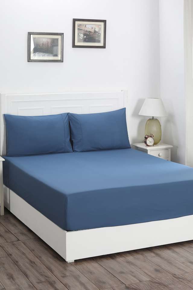Colorart-Slumber-Solid-Saxsony-Blue-200-TC-Cotton-Double-Bed-Sheet-With-2-Pillow-Covers