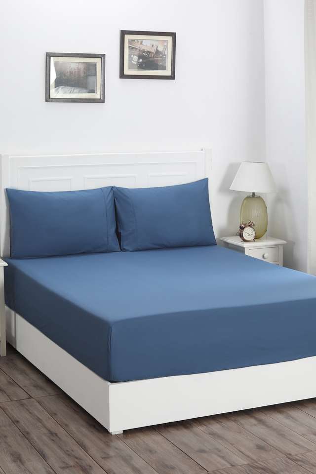 Colorart-Slumber-Solid-Saxsony-Blue-200-TC-Cotton-King-Bed-Sheet-With-2-Pillow-Covers