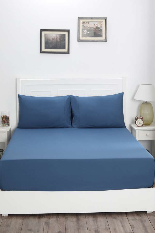 Colorart-Slumber-Solid-Saxsony-Blue-200-TC-Cotton-King-Bed-Sheet-With-2-Pillow-Covers