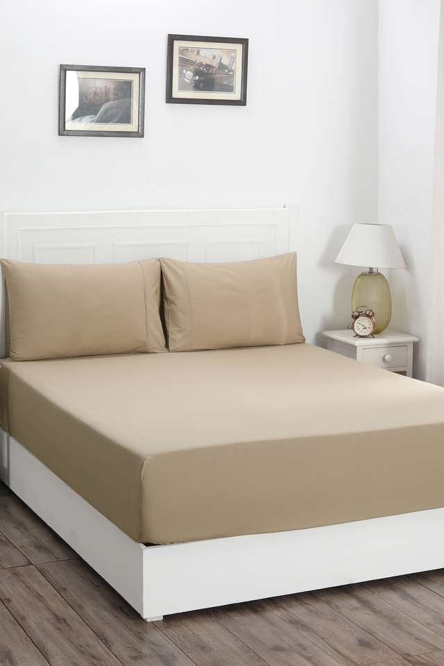 Colorart-Slumber-Solid-Nomad-200-TC-Cotton-Double-Fitted-Sheet-With-2-Pillow-Case