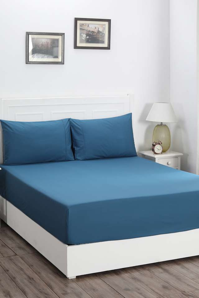 Colorart-Slumber-Solid-Saxsony-Blue-200-TC-Cotton-Double-Fitted-Sheet-With-2-Pillow-Case