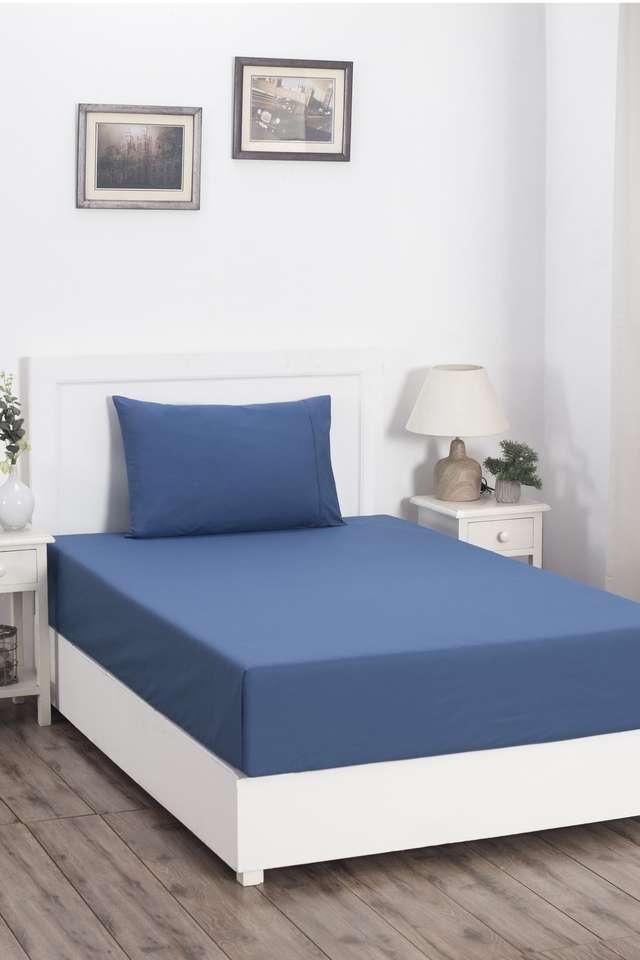 Colorart-Slumber-Solid-Saxsony-Blue-200-TC-Cotton-Single-Fitted-Sheet-With-1-Pillow-Case