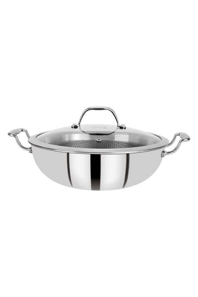 Hitech-Prism-Triply-Stainless-Steel-Non-Stick-Kadhai-with-Glass-Lid -24-cm -2.5-Liters -Induction-Base -Silver