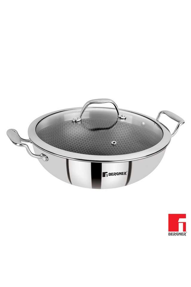 Hitech-Prism-Triply-Stainless-Steel-Non--Stick-Kadhai-with-Glass-Lid -28-cm -4.5-Liters -Induction-Base -Silver