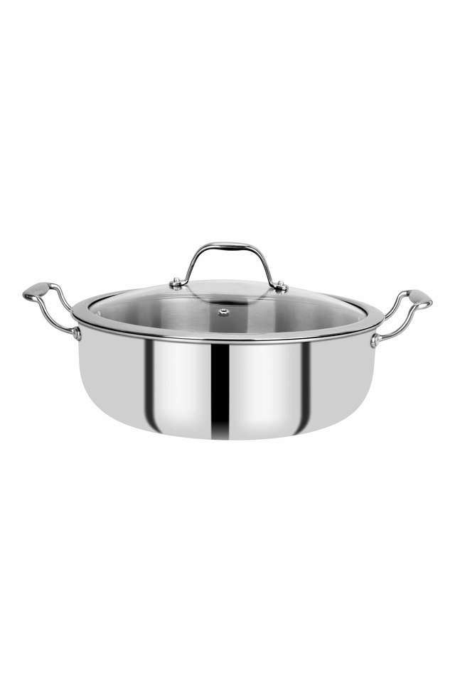 Hitech-Prism-Triply-Stainless-Steel-Non-Stick-Serving-Pan-with-Glass-Lid -28-cm -5.7-Liters -Induction-Base -Silver