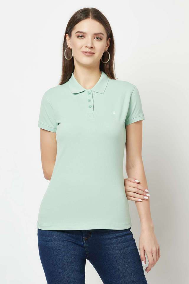 Solid Cotton Blend Collared Women T-Shirt-image-39