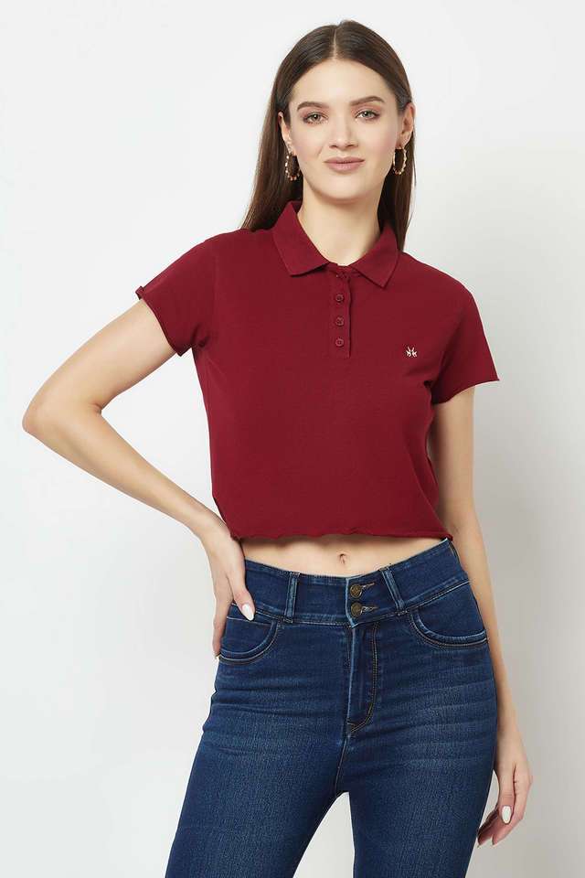 crimsoune club Solid Cotton Blend Collared Women T-Shirt-picture-34