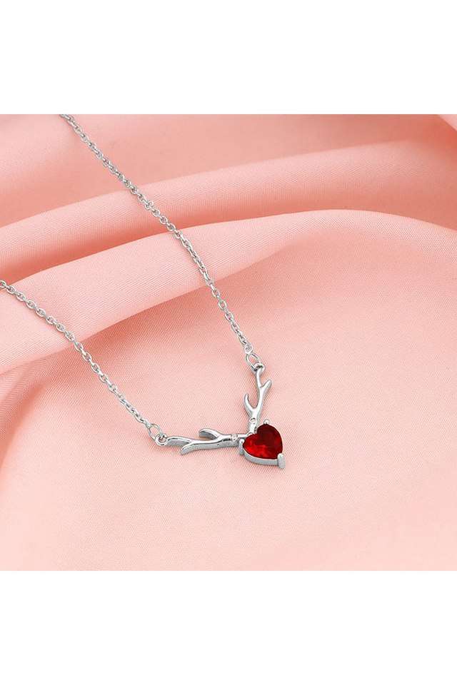 Silver-Deer-Heart-In-Red-Necklace