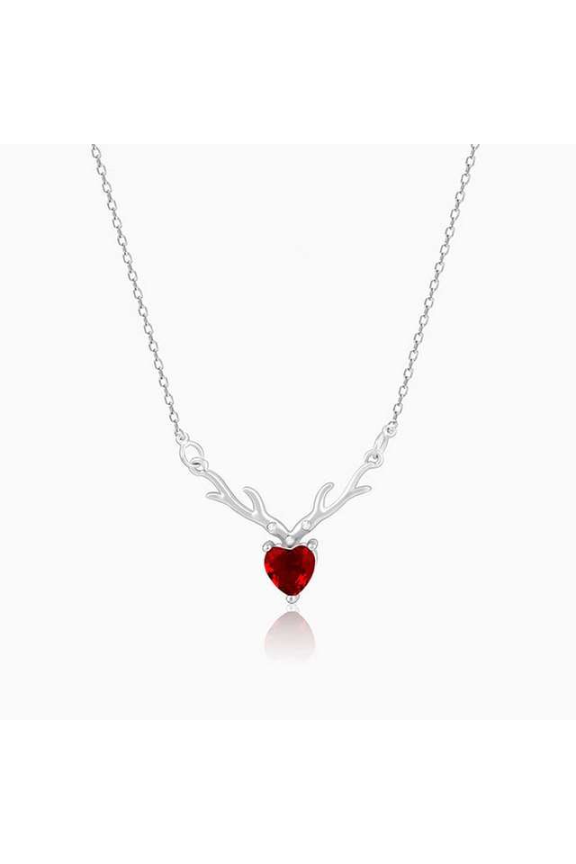 Silver-Deer-Heart-In-Red-Necklace