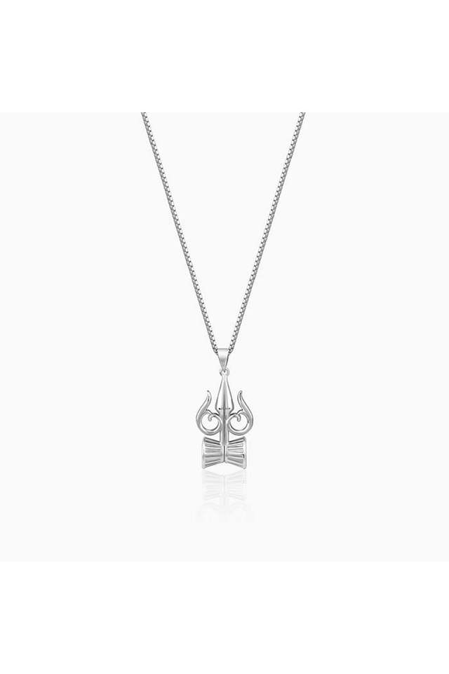 Silver-Trishul-And-Damru-Pendant-With-Box-Chain-For-Him