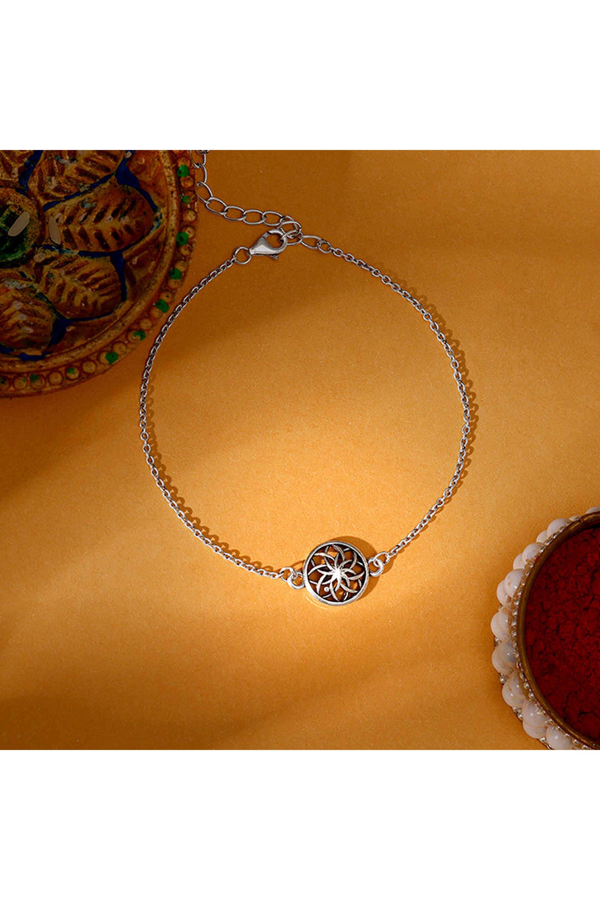 Sterling-Silver-925-Ethnic-Men-s-Sphere-Floral-Bracelet-Rakhi