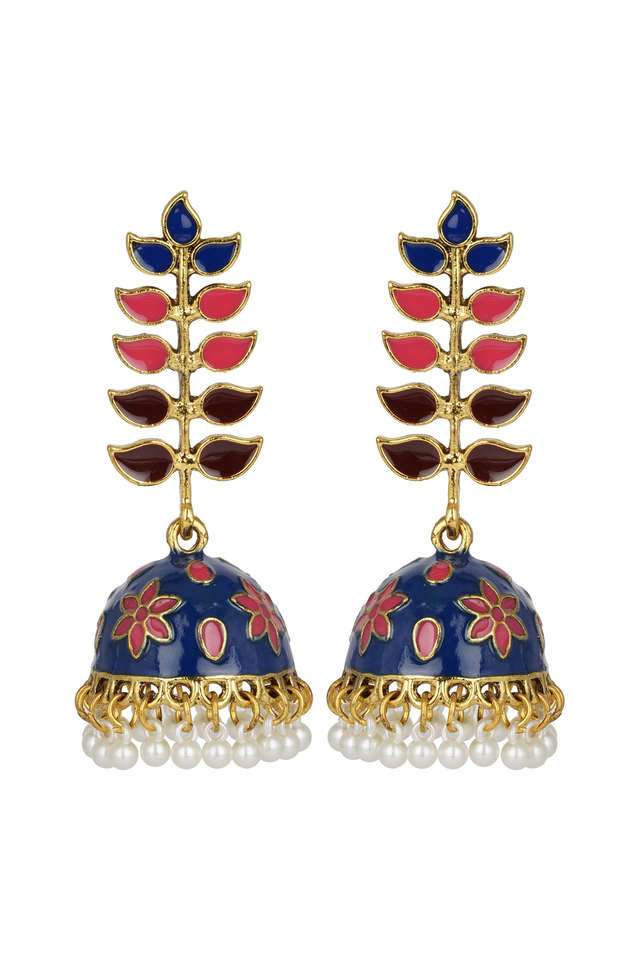 Multicolor-Golden-Long-Earings-With-Blue-Aand-Pink-With-Minakari-Design-And-Jhumka-Pearl