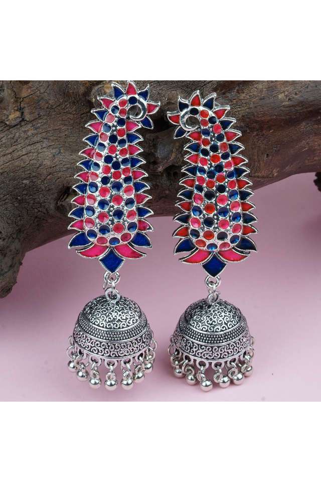 Multicolor-Silver-Long-Earing-With-Blue-And-Red-And-Minakari-Design-And-Jhumka