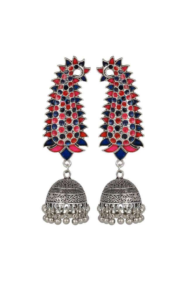 Multicolor-Silver-Long-Earing-With-Blue-And-Red-And-Minakari-Design-And-Jhumka