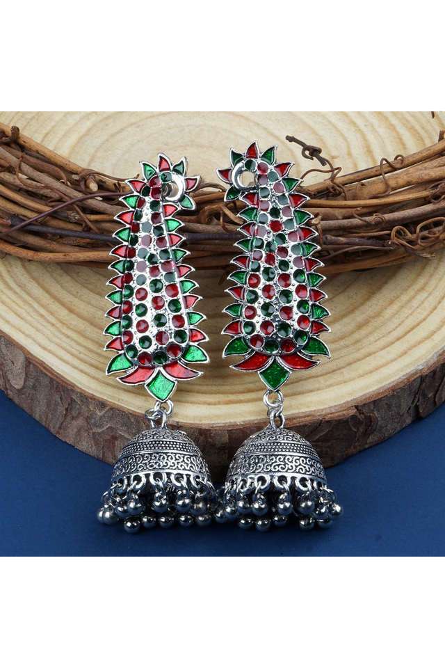 Multicolor-Silver-Long-Earing-With-Green-And-Red-And-Minakari-Design-And-Jhumka