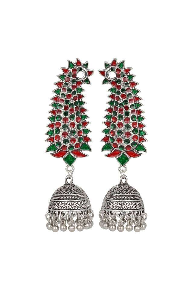 Multicolor-Silver-Long-Earing-With-Green-And-Red-And-Minakari-Design-And-Jhumka