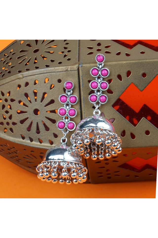 Silver-Long-Earings-With-Jhumka-And-Pink-Stones