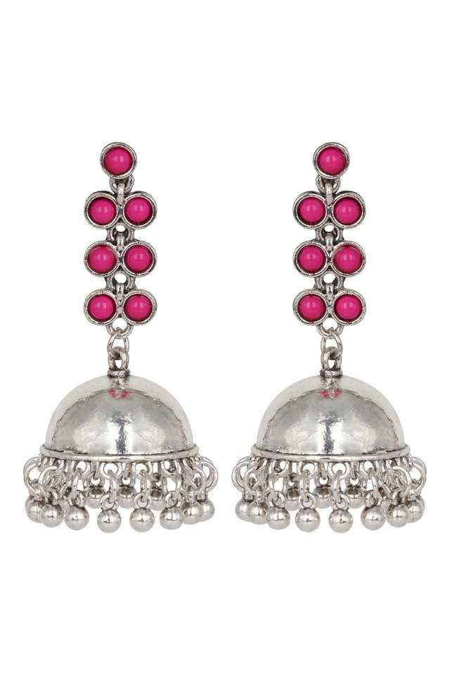 Silver-Long-Earings-With-Jhumka-And-Pink-Stones