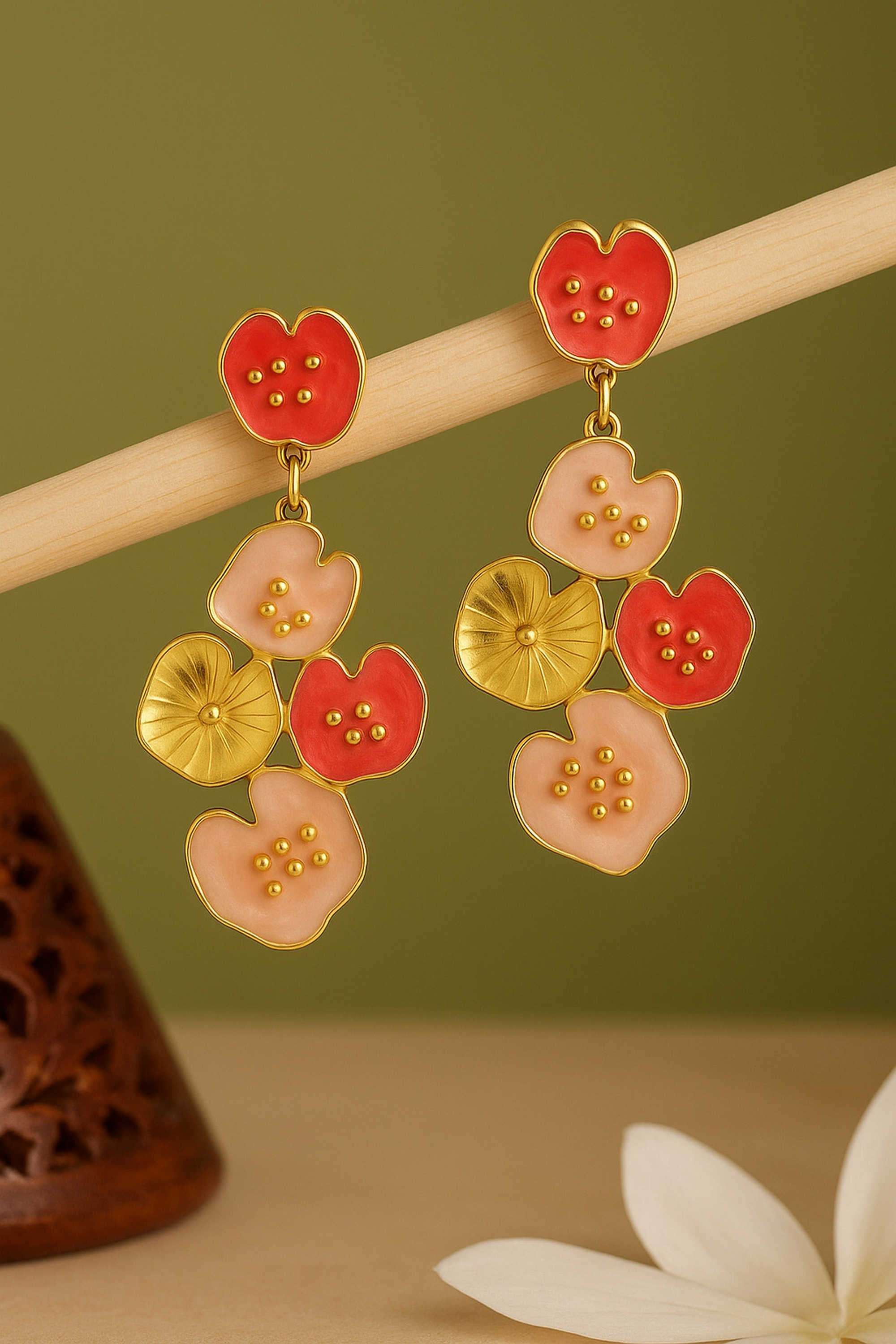 Brass-Casual-Wear-Women-Enamel-Floral-Statement-Earrings