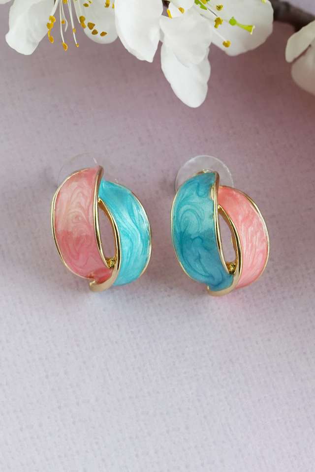 Gold-Toned -Pink-And-Blue-Crescent-Shaped-Hoop-Earrings