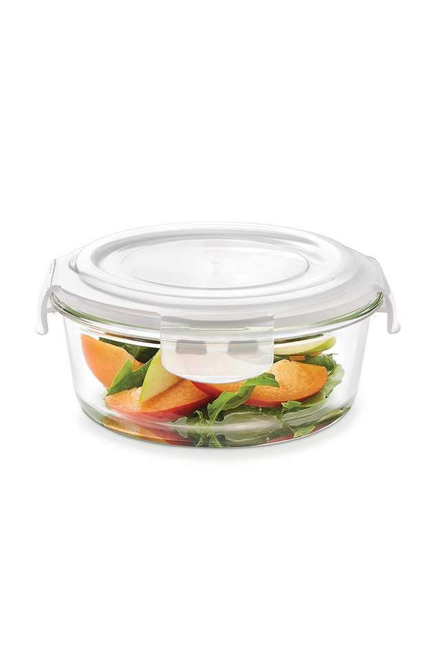 Klip-N-Store-Glass-Storage-Container-For-Kitchen-With-Air-Tight-Lid-Microwave-&-Oven-Safe-Round-400-ml-Clear