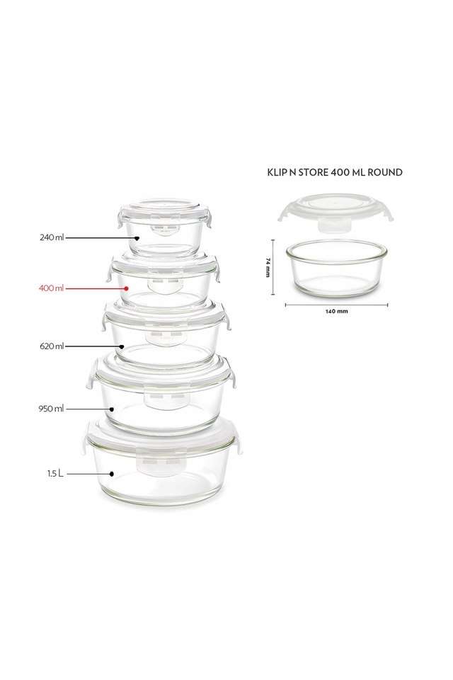 Klip-N-Store-Glass-Storage-Container-For-Kitchen-With-Air-Tight-Lid-Microwave-&-Oven-Safe-Round-400-ml-Clear
