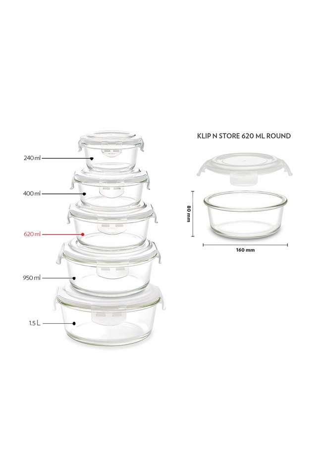 Klip-N-Store-Glass-Storage-Container-For-Kitchen-With-Air-Tight-Lid-Microwave-&-Oven-Safe-Round-620-ml-Clear