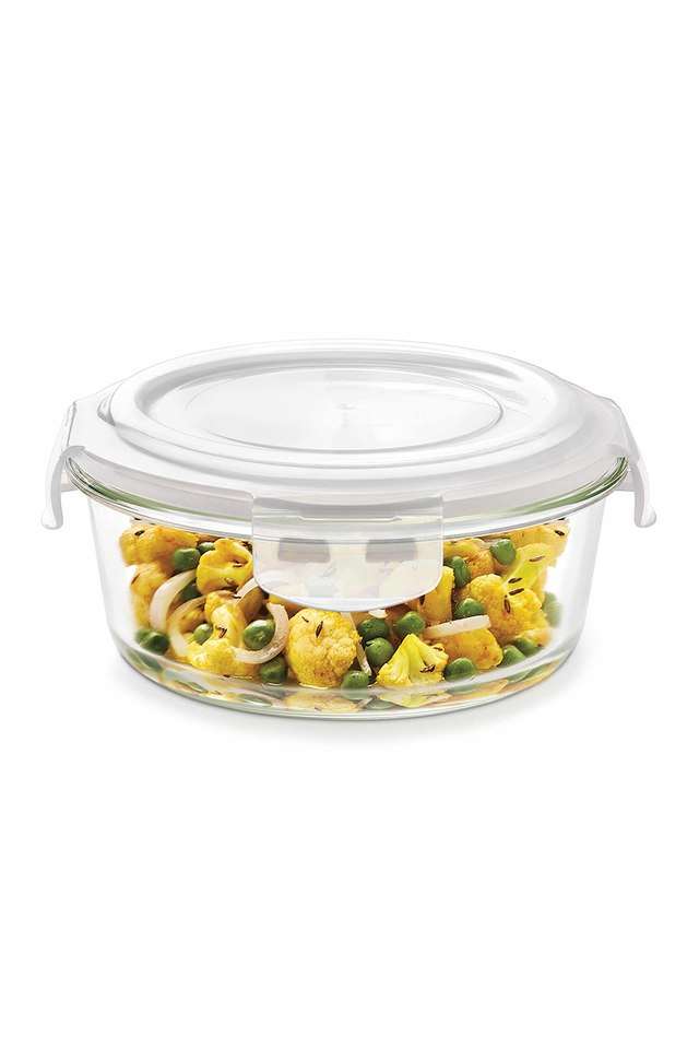 Klip-N-Store-Glass-Storage-Container-For-Kitchen-With-Air-Tight-Lid-Microwave-&-Oven-Safe-Round-950-ml-Clear