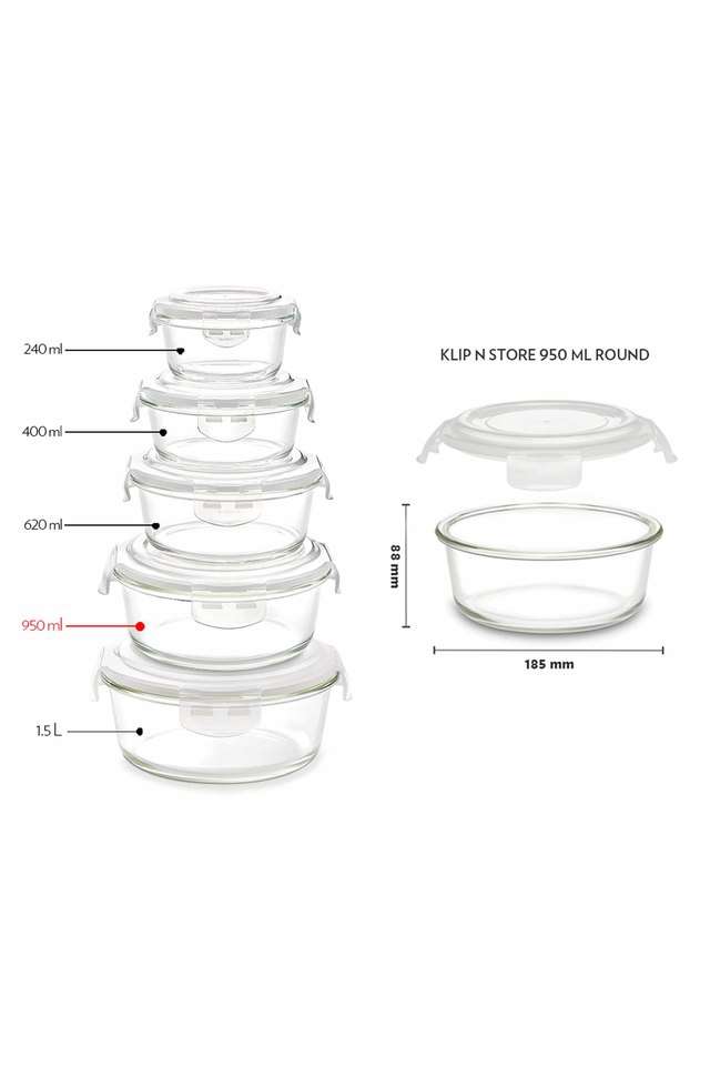 Klip-N-Store-Glass-Storage-Container-For-Kitchen-With-Air-Tight-Lid-Microwave-&-Oven-Safe-Round-950-ml-Clear