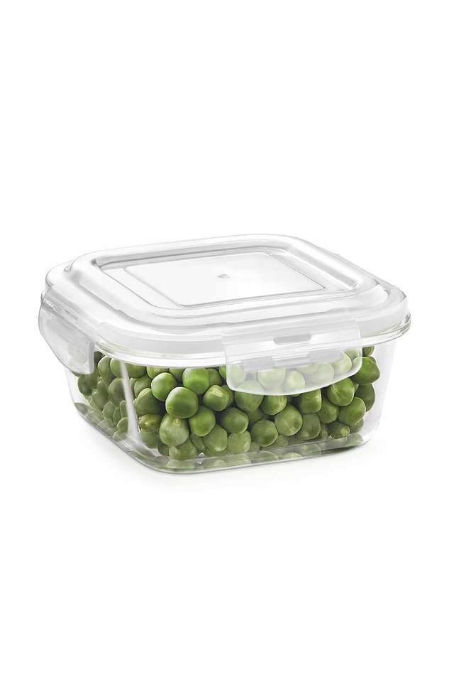 Klip-N-Store-Glass-Storage-Container-For-Kitchen-With-Air-Tight-Lid-Microwave-&-Oven-Safe-Square-320-ml-Clear