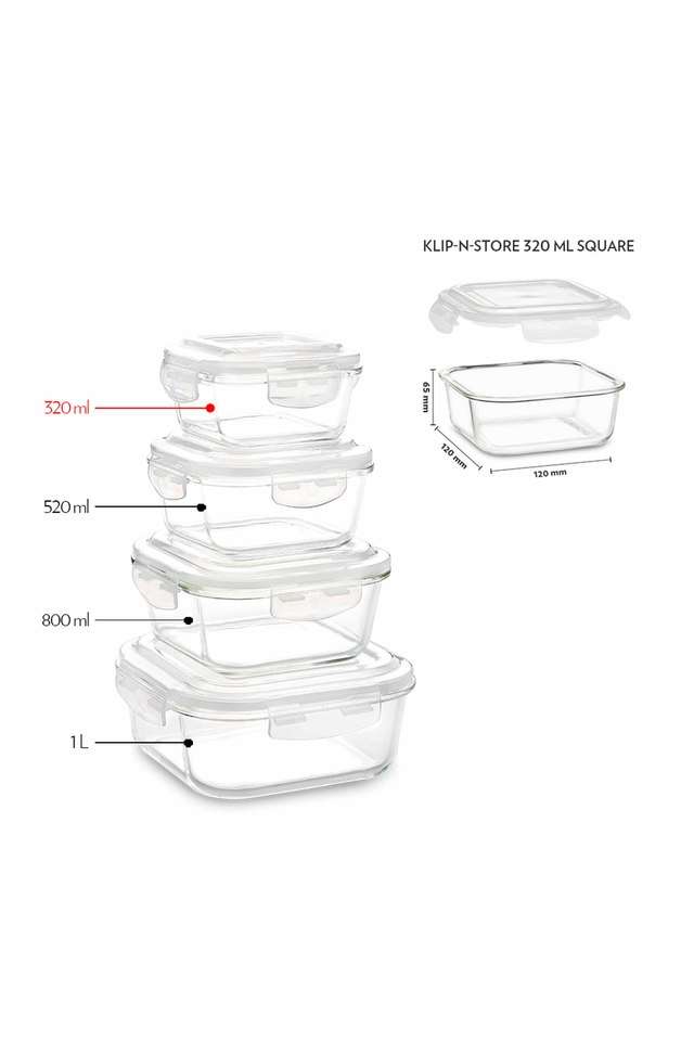 Klip-N-Store-Glass-Storage-Container-For-Kitchen-With-Air-Tight-Lid-Microwave-&-Oven-Safe-Square-320-ml-Clear
