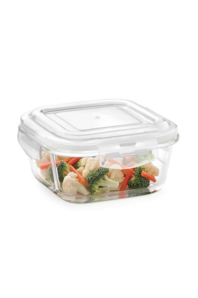 Klip-N-Store-Glass-Storage-Container-For-Kitchen-With-Air-Tight-Lid-Microwave-&-Oven-Safe-Square-520-ml-Clear