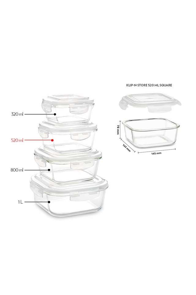 Klip-N-Store-Glass-Storage-Container-For-Kitchen-With-Air-Tight-Lid-Microwave-&-Oven-Safe-Square-520-ml-Clear
