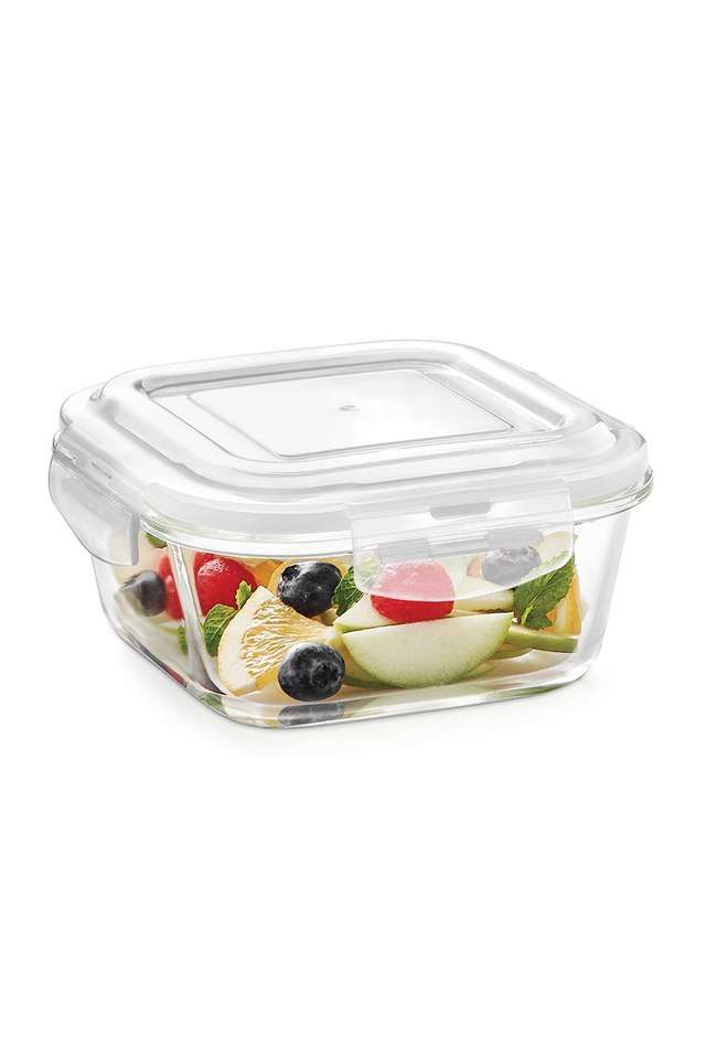 Klip-N-Store-Glass-Storage-Container-For-Kitchen-With-Air-Tight-Lid-Microwave-&-Oven-Safe-Square-800-ml-Clear