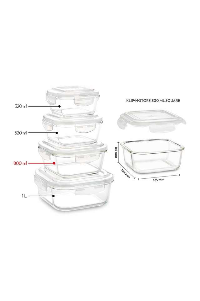 Klip-N-Store-Glass-Storage-Container-For-Kitchen-With-Air-Tight-Lid-Microwave-&-Oven-Safe-Square-800-ml-Clear