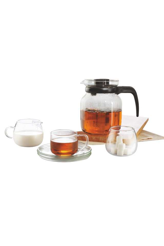 Piccolleta-Glass-Tea-Set-of-9-(1-Carafe-6-Glass-Cups-1-Milk-Pot-1-Sugar-Pot)-Flame-Proof-&-Microwave-Proof-Clear