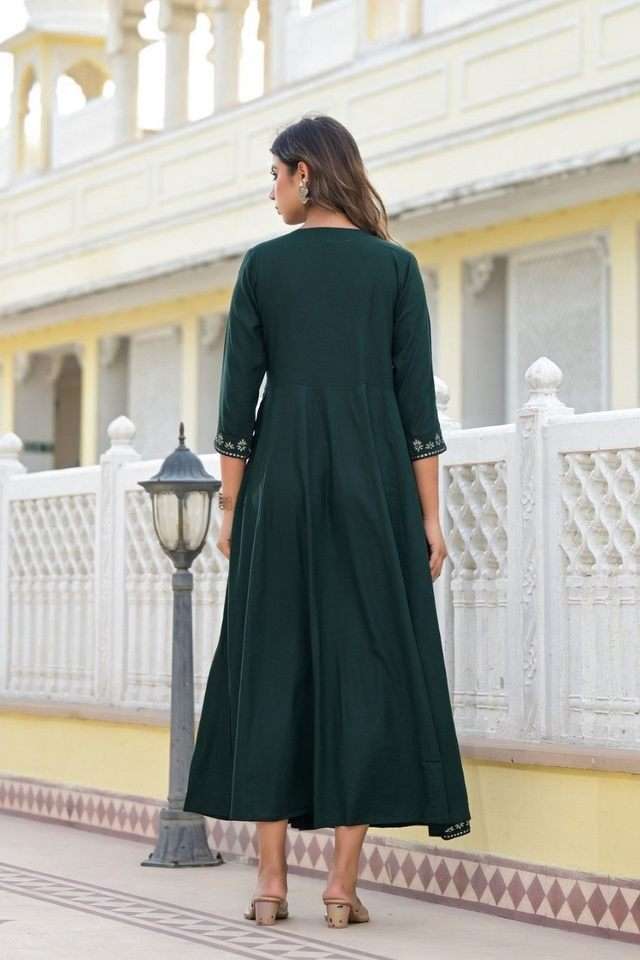 slim fit dress slacks Bottle Green Silk Long Frock in Champagne Gold Tone main image 0